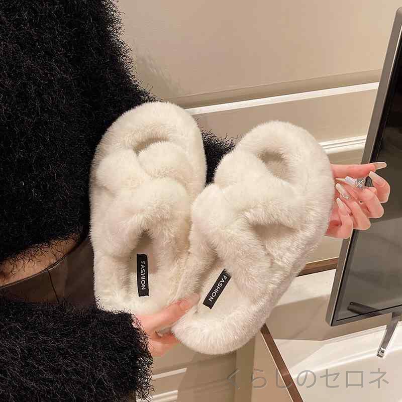 秋冬 レディース 厚底毛足付きスリッパ ソフトソール コットン 屋外用 多用途 レジ...