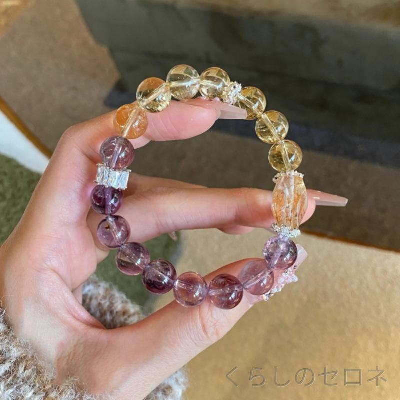 ブレスレット レディース 天然石 イエローアンバー パープルクリスタル ブラックゴ...