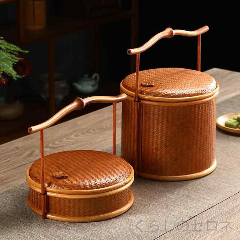竹編みかご 手作り 大漆塗り仕上げ 中華風茶具ボックス 家庭用 普洱茶箱 点心籠 丸型持ち手付き ナチュラルインテリア エスニック雑貨 伝統工芸 自然素材