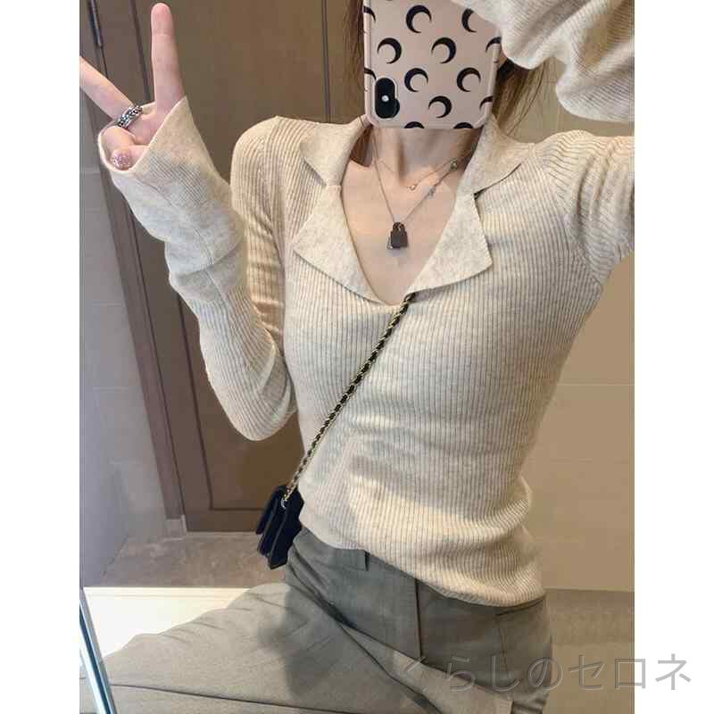 レディース ニットセーター 春夏 Vネック ストライプ 長袖 スリム 修身 デザイン トップス インナー 軽量 吸湿速乾 接触冷感 再生繊維 かわいい ギャル風