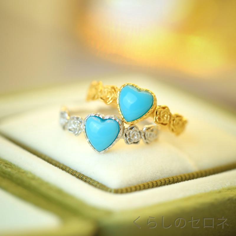 指輪 レディース 緑松石 純銀 金メッキ ハート形 花柄 柔美 軽奢 高級感 気質 女性...
