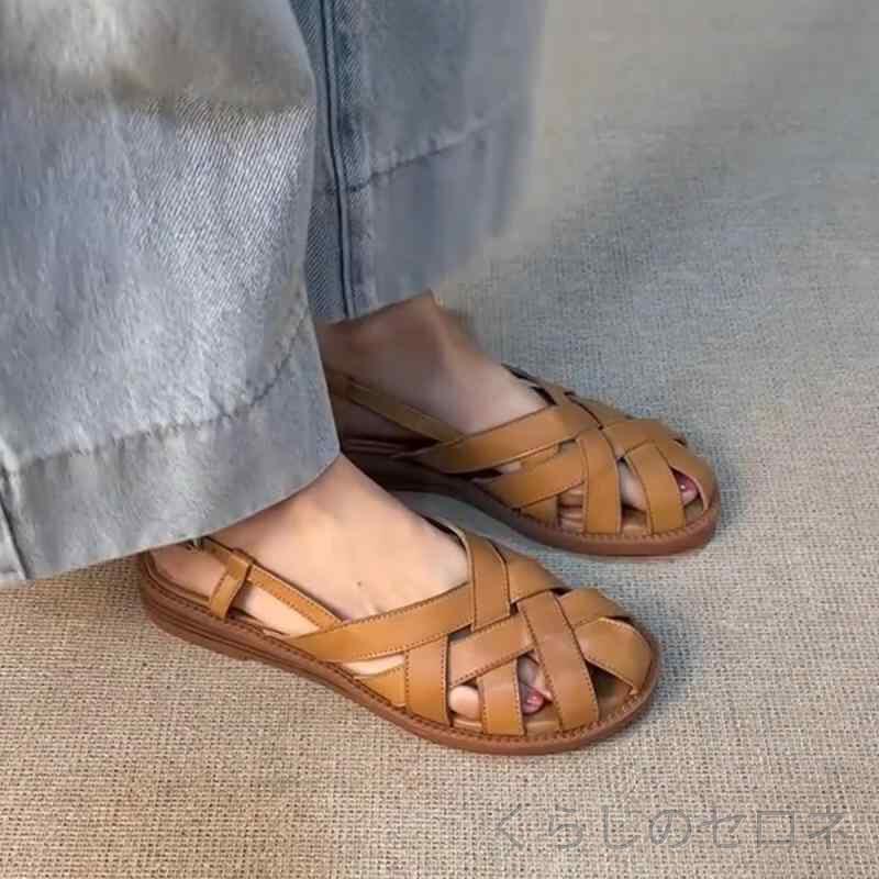 レディース サンダル グルカサンダル 本革 編み込み つま先あり バックストラップ ...