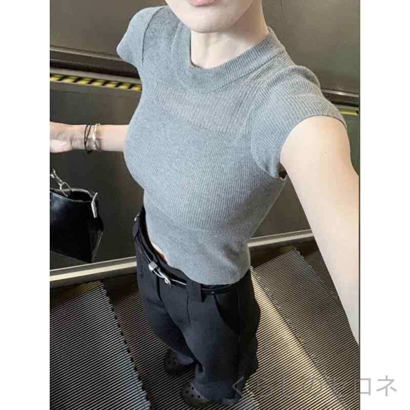 Tシャツ レディース 春夏 ニット 短袖 レース ラウンドネック スリム インナー グレー セクシー スタイリッシュ 軽量 吸湿速乾 ボディライン 強調 フィット トップス ユニセックス 対応 日常使い 軽快 デザイン