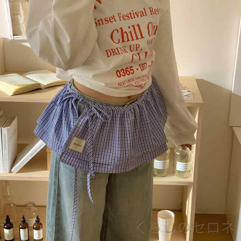 レディース スカート 付け裾 重ね着風 エプロン チェック柄 ウエストリボン レイヤード ヒップカバー 体型カバー 高見え 大人可愛い カジュアル 着回し 春夏