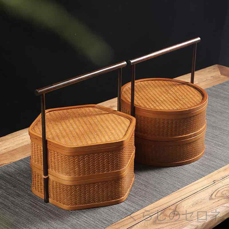 竹編み 収納ボックス 家庭用 二層 蓋付き 中式 復古 茶具箱 円形 手作り 食器 ピク...