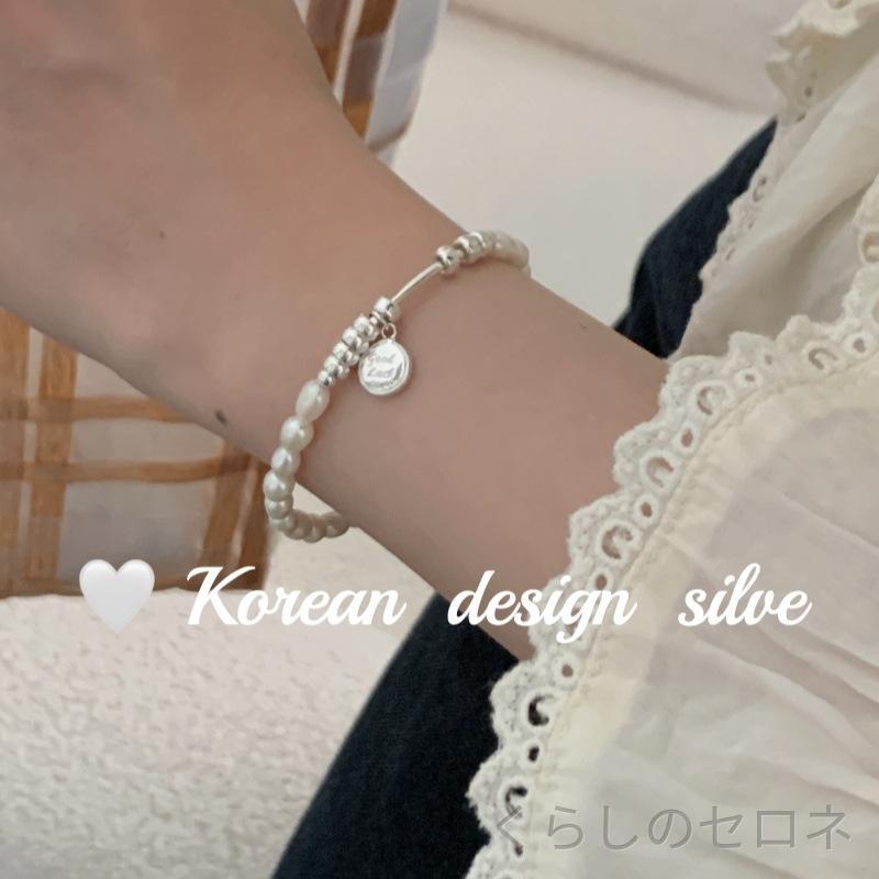 秋冬 ブレスレット レディース 天然真珠 925シルバー 弾力 丸型プレート 高級感 韓...