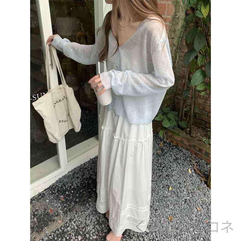 ・素材: ビスコース・厚み: 薄手・袖型: 通常袖・襟型: Vネック・袖丈: 長袖・着丈: 50cm超～65cm以下・色: ホワイト,ブラック,ライトグリーン,スカイブルー・サイズ: S,M,L・主素材成分含量: 80%超～90%未満