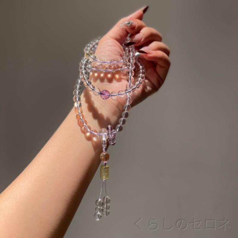 アクセサリー ユニセックス 天然白水晶 108粒 仏珠 ネックレス 紫水晶 黄水晶 黒曜...