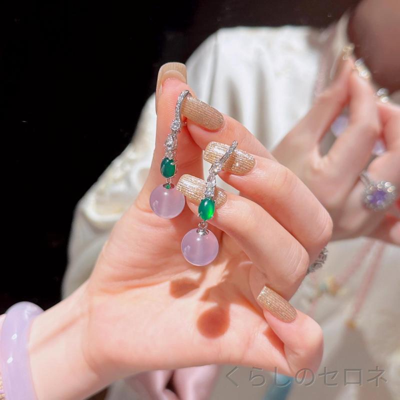 レディース イヤリング 天然紫水晶 丸ビーズ 純銀 漢服 アクセサリー 小顔効果 中...