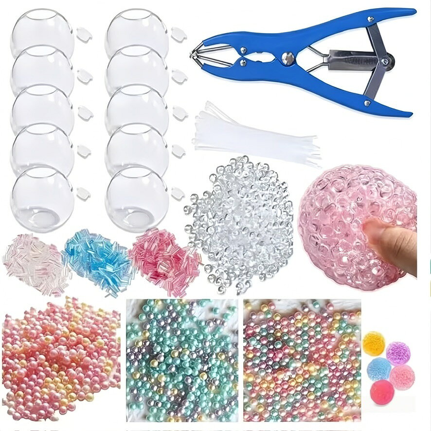 DIY スクイーズ キット 10個入り 全透明ボール10個 専用拡張器 結束バンド 豪華パーツ付き ウォーターボール 手作り スクイーズボール ぷにぷに ストレス解消 おもちゃ 知育玩具 工作 キッズ 誕生日 プレゼント celone-10225381 くらしのセロネ パッケージ画像
