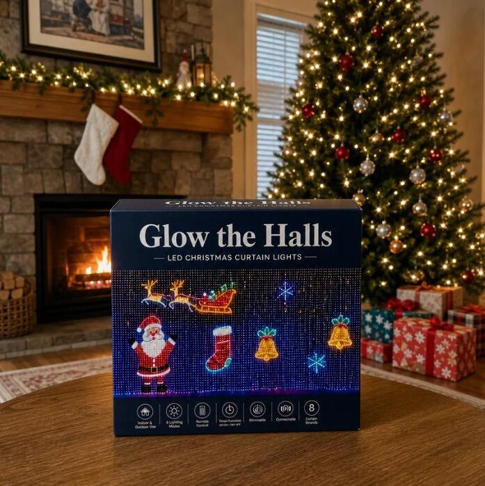 Glow the Halls LEDクリスマスカーテンライト サンタクロース・トナカイのソリ・クリスマスソックス・ベル・スノーフレークがデザインされた、クリスマスにぴったりなカーテン型イルミネーションライトです。 【特徴】 ✅屋内・屋外両方でご使用いただけます ✅リモコン付きで遠隔操作可能 ✅8種類の点灯モードを切り替えられます ✅タイマー機能搭載（6時間点灯・18時間消灯の繰り返し） ✅調光機能付き、お好みの明るさに調整できます ✅複数セットを連結して使用可能 【使い方】 窓際や壁、ベランダなどに吊るして設置します。電源を接続後、付属のリモコンで点灯/消灯、点灯パターン、明るさ、タイマー設定を操作してください。 【ご利用シーン】 クリスマスパーティー、窓飾り、ベランダデコレーション、店舗ディスプレイ、季節のインテリアなど 【注意事項】 ・製品仕様は予告なく変更となる場合がございます。 ・屋外でご使用の際は、コンセント部分の防水対策を行ってください。 ・小さな部品が含まれますので、乳幼児の手の届かない場所で保管・ご使用ください。 ・長時間点灯させる場合は、熱にご注意ください。