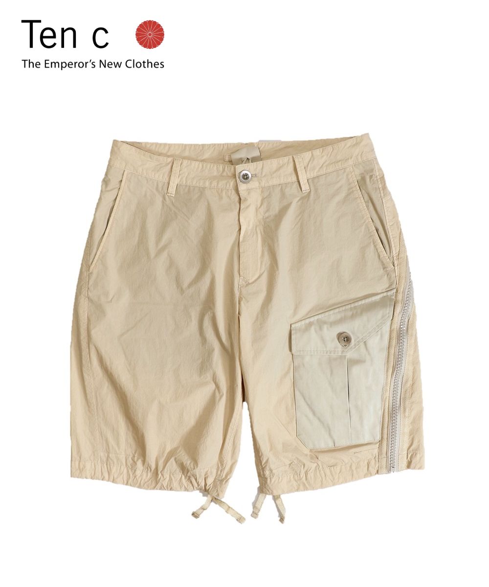 TEN C / SIDE ZIP SHORTS (TC-P1008) Tactel? テンシー カーゴ ショートパンツ ショーツ ミリタリー ナイロン ガーメントダイ 製品染め タクテル インビスタ社 ベージュ 48 L 50 XL