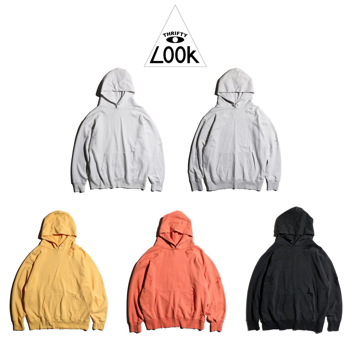 楽天S.U.N.STORE【THRIFTY LOOK / スリフティールック】 WORN-OUT PULL HOODIE GOAT ダメージ加工 プルオーバーパーカー ゴート