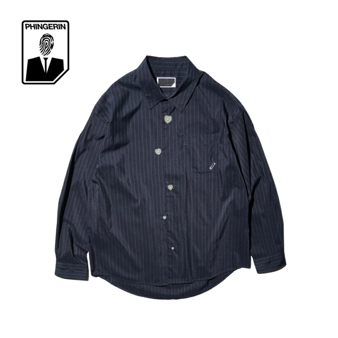【PHINGERIN / フィンガリン】 FLOATING HEART POPLIN SHIRT BLACK PINSTRIPE オリジナル蓄光ハートボタン ダ...