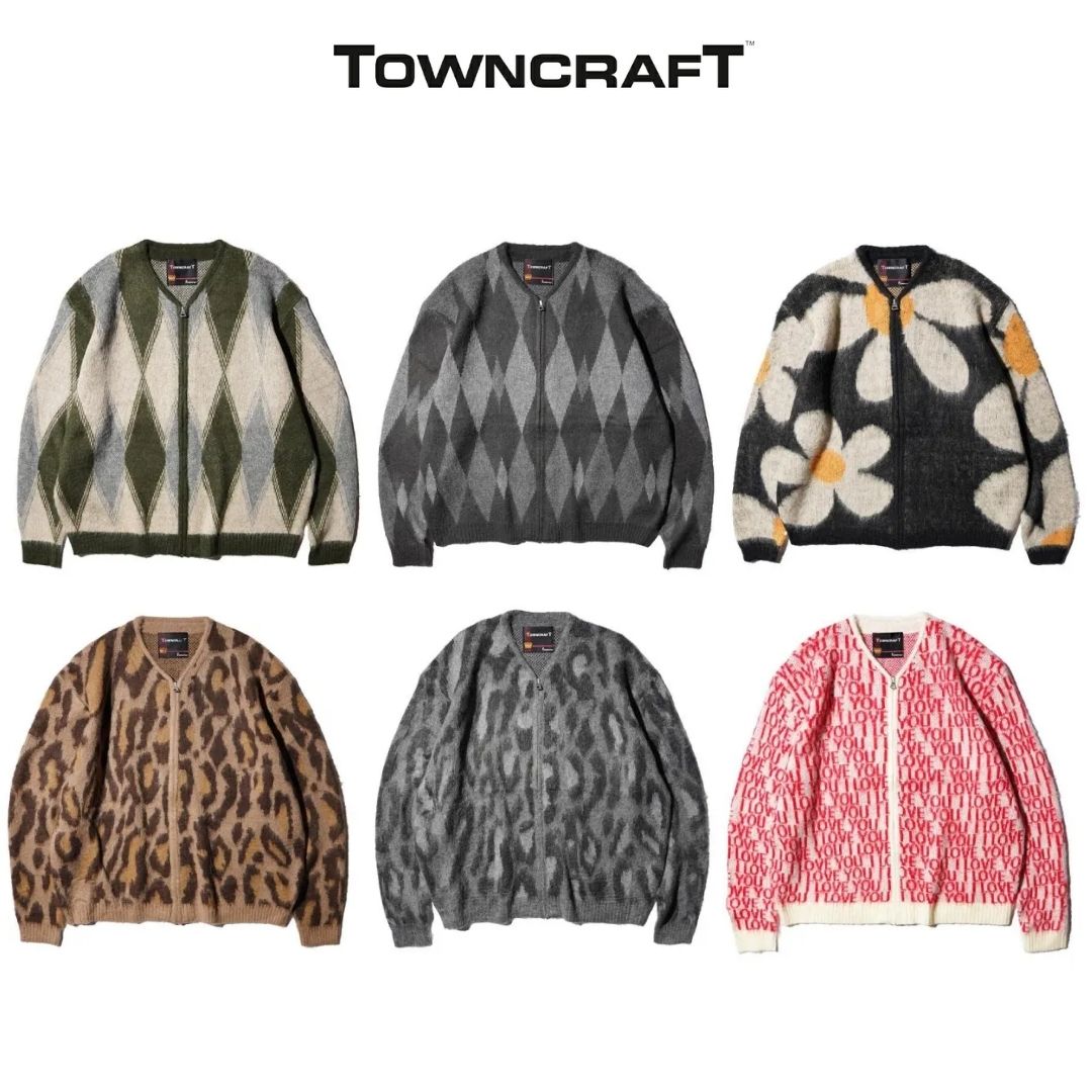 【TOWNCRAFT / タウンクラフト】VINTAGE PATTERN SHAGGY ZIP CARDIGAN ヴィンテージモチーフ 柄 モヘア シャギー ジップ カーディガン メンズ レディース ユニセックス レイヤードスタイル 秋 冬 洗濯機洗濯可能