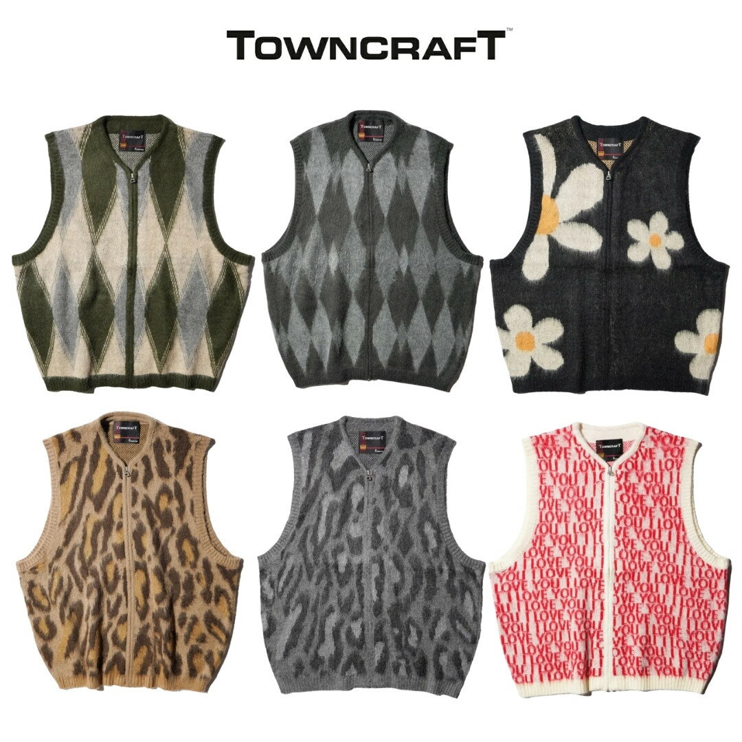【TOWNCRAFT / タウンクラフト】 VINTAGE PATTERN SHAGGY ZIP VEST ヴィンテージモチーフ 柄 モヘア シャギー ベスト ...