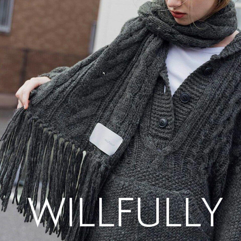 WILLFULLY ウィルフリーcoarse knit cable fringe muffler / フリンジケーブルニットマフラー (チャコール)