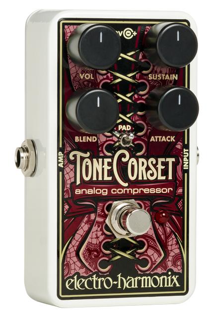 &nbsp; Overview Tone Corset は、ギターのトーンの理にかなった方法で圧縮する EHX の新しい4ノブタイプのコンプレッサー。マイク・マシューズ曰くこの Tone Corset は、今までのアナログコンプレッサーの中で最もファンキーなアナログコンプレッサーとのこと。 Specs 4ノブは素晴らしいコントロール性を提供するようデザインされており、楽器のダイナミクスを正確に形成します。 Sustain ノブはギターシグナルへのコンプレッション量をコントロールします。 Attack ノブはコンプレッションがかかるまでの速さを調節します。 Blend ノブはドライシグナル（原音）とコンプレッションシグナル（ウェット音）のミックスバランスを調節します。 Volume ノブは全体の出力レベルをコントロールします。 Pad スイッチは、高出力のハムバッカーピックアップを搭載したギターやベースなどを Tone Corset に接続した際に予期しない歪みが発生するのを防ぐため、インプットシグナルを下げることができます。 トゥルーバイパス方式を採用 9V バッテリー駆動可能 ※この商品は在庫が無い場合、ご注文からお届けまでお時間を頂きます。 ご迷惑をおかけしますが予めご了承下さい。 ※お急ぎの方はお手数ですが、納期をお問い合わせの上ご注文下さいませ。 【海外よりご注文のお客様へ】 【Towards the person who orders to our company from abroad】※ In the case of shipping overseas, it takes postage cost.