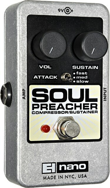 Overview Soul Preacherはシルキーでサステインが長いコンプレッサー/サステイナーです。3種類でアタックを切替可能なため、プレイスタイルに関わらずギターでもベースでも秀逸なコンプレッションが得られます。 Specs 3-way Attack Select Switch(Fast/Med/Slow) True Bypass 寸法：72mm(W) x 110mm(D) x 50mm(H) 240g 電源：9Vバッテリー or 9V DCセンターマイナスアダプター JP9.6DC-200（別売） ※この商品は在庫が無い場合、ご注文からお届けまでお時間を頂きます。ご迷惑をおかけしますが予めご了承下さい。 ※お急ぎの方はお手数ですが、納期をお問い合わせの上ご注文下さいませ。