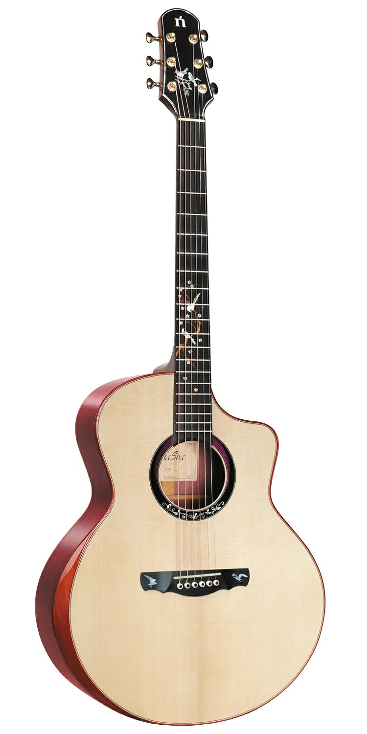 Natasha Guitar JC-30Sが入荷しました！！ Solid Sitka Spruce Top Solid Purple Heart Back & Side 高級材パープルハートのさらに単板をサイド&バックに使用した豪華なモデル！！ その名の通り、鮮やかなパープルカラーが特徴のパープルハート材。 伐採後に触れる紫外線に触れる事で紫色に変化する珍しい材料です。 木材として乾燥しやすく、乾燥後の狂いも少ないため、ギターの材料として大変適してします。大変硬い材料なので、指板やネック材にも使われます。 サウンドはエッジの効いた、アタッキーな音色。ロングサスティーンも魅力です。 Spec. ■Body Shape Jumbo Cutaway ■Total Length 41″ ■Top Solid Sitka Spruce ■Back & Sides Solid Purple Heart ■Fingerboard African Ebony , 380R ■Neck 5-piece Mahogany ■Nut width 43mm ■Scale 650mm ■Bridge African Ebony ■Rosette Abalone Seashell, Ebony & Purple Heart ■Body Binding Redwood & Maple ■Nut & Saddle Select Camel Bone ■Bridge Pins Bone ■Finish Gloss ■Tuners Natasha (1:18) ■Fingerboard Inlay Abalone Seashell ■String D’Addario XS(Coated) .012 .016 .024 .032 .042 .053 付属品：ハードケース、保証書 ※画像はサンプル画像となります。 製品の性質上、木目は1本1本異なりますのでご了承くださいませ。 ※掲載商品売却時に在庫表示につきましては迅速な対応を心掛けておりますが、タイムラグが発生する場合がございます。予めご了承下さい。 ※モニター等につきまして色合いが異なる場合がございますので予めご了承下さい。
