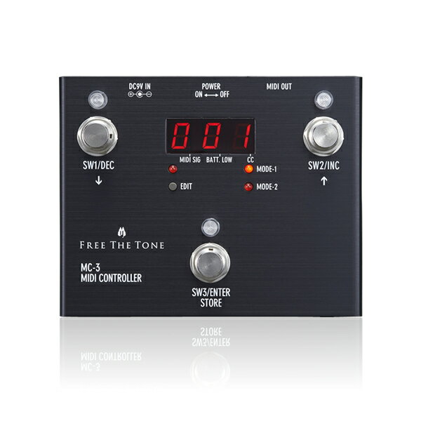 MC-3 MIDI CONTROLLER 軽量、小型なMIDIコントローラー登場 MC-3は、小型で簡単に操作できるプログラマブルMIDIコントローラーです。モード1(プログラムチェンジナンバー送信モード)とモード2(プリセットモード)の2つのモードを搭載しています。 モード1は左右のフットスイッチで任意のプログラムチェンジナンバーを選択し、中央のスイッチで送信するナンバーを決定します。チャンネル1～チャンネル16の中から1つ選択し、1から128のプログラムチェンジナンバーを送信することが可能です。モード2(プリセットモード)では3つのフットスイッチに任意のプログラムチェンジナンバー、またはコントロールチェンジナンバーを割り当て、プログラムし送信する事が可能です。 MC-3は、コントロールチェンジナンバー送信に対応しており、接続機器のプログラム呼び出しだけではなく、エフェクターのタップテンポ入力コントローラーとして、またMIDI対応アンプであればアンプのチャンネル切り替え用フットスイッチとしてなど、幅広い用途に使用可能です。 特徴 ・小型で簡単に操作できるプログラマブルMIDIコントローラー。 ・モード1(プログラムチェンジナンバー送信モード)時は、任意のチャンネルを選択し(チャンネル1～チャンネル16)、1から128のプログラムチェンジナンバーを送信することが可能です。 ・モード2(プリセットモード)時にはプログラムチェンジナンバーに加え、コントロールチェンジナンバーも選択可能です。これにより、より自由なサウンドシステム構築が可能となります。 ・コントロールチェンジナンバー送信に対応しており、エフェクターのタップテンポ入力コントローラーとして、またMIDI対応アンプであればアンプのチャンネル切り替え用フットスイッチとしてなど、幅広い用途に使用可能です。 ・MC-3は9Vバッテリー(006P)で駆動可能なため、場所を選ばす使用することができます。(通常のDC9V ACアダプターも使用可能です)＊実動作時における動作時間の目安は、マンガン電池：約10時間　アルカリ電池：約35時間です。 仕様 端子：DIN 5Pinコネクター(MIDI OUT)、DC9V入力ジャック(ACアダプター接続用) 電源：DC9V　電池(9V形006P型)、ACアダプター 消費電流：約25mA サイズ：120(W)×95.7(D)×54.1(H)mm(フットスイッチ等の突起物を含む) 重量：約315g(バッテリー含まず) 付属品：保証書、取扱説明書、電池(9V形006P型)、ゴム足×4個 ※この商品は在庫が無い場合、ご注文からお届けまでお時間を頂きます。ご迷惑をおかけしますが予めご了承下さい。 ※お急ぎの方はお手数ですが、納期をお問い合わせの上ご注文下さいませ。 ※画像は全てメーカーサイトのサンプル画像です。 ※ 規格および外観は改良のため予告なく変更する場合があります。
