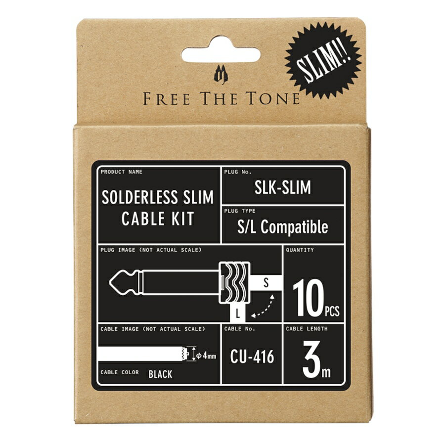 SLK-SLIM SOLDERLESS SLIM 「ソルダーレスプラグは次のステージへ」 FREE THE TONEより待望のソルダーレスケーブルキットの新商品が登場！ フリーザトーンが最初のソルダーレスプラグの開発に取り組み、発売を開始したのが約10年前の2012年7月。必要な長さのケーブルを必要な数だけ簡単に作製できるメリットは非常に大きく、今やソルダーレスプラグはペダルボード内の配線には欠かせない存在となりました。 フリーザトーンではソルダーレスプラグを販売するだけでなく、実際にプロミュージシャンのペダルボード作製に使用しています。これらのペダルボードは、レコーディングやツアーで使用されるため、音質の良さだけでなく、高い耐久性が求められます。そして機材変更にすぐに対応するため、誰でも簡単に作れるケーブルが必要でした。必要だったからこそ、フリーザトーンから独自のソルダーレスプラグと専用ケーブルが生まれたのです。 ペダルボードはどんどん小型化し、プラグのサイズをコンパクトにしたいというニーズが生まれました。エフェクター同士の間隔が狭くなり、プラグとプラグが接触している場合も多々見られます。電気の流れるルートが複数になると、グランドループの発生によってハムノイズが生じることもあります。これらのニーズを汲み取り、プラグの小型化、そしてグランドループ発生の防止を考慮し、遂に生まれたのが、「SOLERLESS SLIM」です。プラグサイズは世界最小(＊)です。そして樹脂製のプラグキャップで金属部をカバーするため、プラグ同士が接触しても電気が流れません。更にこのプラグキャップは、ケーブルを引き出す角度を選択することで、ストレートタイプとLアングルタイプのどちらでも作製することができますので、多種多様なエフェクターに対応することができます。 「SOLDERLESS SLIM」は、配線に必要なスペースを減らし、不要な電気の流れを防止するだけでなく、あなたのペダルボードにもう一台、エフェクターを追加することができるかもしれません。ぜひ、新しい「SOLDERLESS SLIM」を使ってペダルボード構築をお楽しみください。 *2022年9月 自社調べ サイズ比較 ソルダーレスプラグSL-4とのサイズが比較できるように、並べたときと実際に使用したときの違いをご覧ください。 ＜キット内容＞ ・SL-SLIMブラグ　10個 ・SL-SLIMプラグ用キャップ　10個＋予備2個 ・SL-SLIMプラグ用皿ネジ　10個＋予備2個（皿ネジ10個はプラグに止めて出荷されます） ・CU-416ケーブル　3m ・ソルダーレススリム作製マニュアル 特徴 ・世界最小（＊）の6.5mm厚のプラグキャップ。*2022年9月 自社調べ ・プラグキャップは樹脂製で導通がないため、プラグ同士が接触しても電気が流れません。 ・同じキャップでストレートとLアングル、どちらでも作製することができます。 ・ケーブルを挿し込みプラスネジを締めるだけで簡単にケーブルが作製できます。 ・FREE THE TONE / CU-416ケーブルに対応します。 仕様 ＜CU-416ケーブル＞ Conductor Size：0.18mm2 Construction：16/0.12 OFC (No/mm) Insulation Thickness：0.98mm(± 0.05mm) Inner Jacket Thickness：0.25mm Shield Diameter：3.50mm Jacket Thickness：0.50mm(± 0.05mm) Diameter：4.00mm ※この商品は在庫が無い場合、ご注文からお届けまでお時間を頂きます。ご迷惑をおかけしますが予めご了承下さい。 ※お急ぎの方はお手数ですが、納期をお問い合わせの上ご注文下さいませ。 ※画像は全てメーカーサイトのサンプル画像です。 ※ 規格および外観は改良のため予告なく変更となる場合があります。