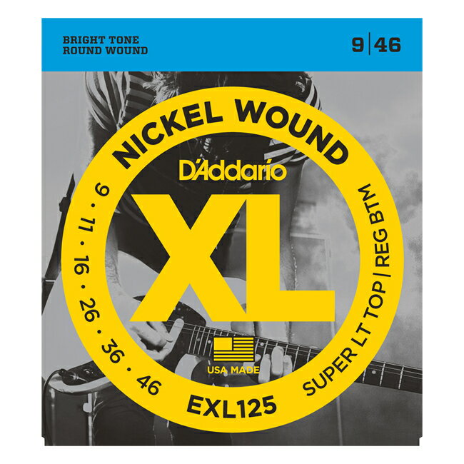 XL Nickel Round Wound 独特なブライトサウンド、素晴らしいイントネーション。世界中のミュージシャンからの圧倒的な支持を誇る、言わずと知れたエレキ弦のスタンダード。 Spec. モデル：EXL125 ゲージ：Super Light Top/Regular Bottom （ 0.009 / 0.011 / 0.016 / 0.026 / 0.036 / 0.046 ） ※この商品は在庫が無い場合、ご注文からお届けまでお時間を頂きます。 ご迷惑をおかけしますが予めご了承下さい。 ※お急ぎの方はお手数ですが、納期をお問い合わせの上ご注文下さいませ。