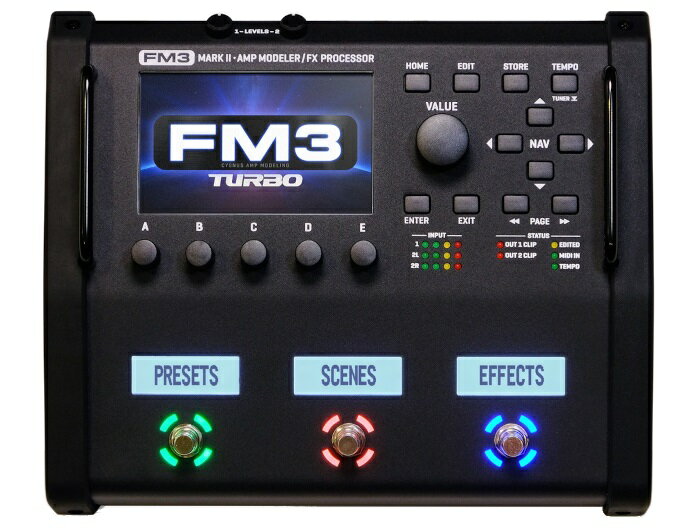 全世界で大成功を収めたオリジナルの FM3 が “MARK II Turbo” にアップデート FM3 からのアップデート内容 DSP が 10% 以上パワーアップされ、より複雑な Preset を構築可能になりました。 LCD ディスプレイを 1.4″ × 0.5″（36.0mm × 12.5mm）から 1.9″ × 0.7″（50.0mm × 17.5 mm）にサイズアップ。表示可能な文字の高さを 4.6mm から 9.2mm に拡張され、視認性がより高くなりました。 ※ 本体の寸法/重量は変更されていません。 一切の妥協を許さない世界中のトッププロ達に、それまでに愛用していた大規模なチューブアンプ + ラックシステムと比肩し得るサウンドと認めさせた、絶大な信頼を寄せているAxe-Fx IIIと同等のサウンドクオリティが、フロアユニットモデル。 チューブアンプの深く澄み切ったクリーントーン、ピッキングニュアンスを正確に表現するオーバードライブからモダンディストーションまで、リアルに再現します。 世界最新鋭機能のアンプモデル、スピーカーシミュレーション、エフェクト アンプモデリング 最新の “Cygnus X2” モデリングは、Fractal Audio Systems 社が過去開発したものの中で最も表現力豊かで、音楽的で、ピッキングのニュアンスに対しオリジナルアンプに極めて近い反応をします。 豊富なスピーカーキャビネット FM3 MARK II Turbo の Cab ブロックは Axe-Fx II のキャビネットモデルを収めたレガシーバンクとメジャーブランドが作成した 2,200 を超えるインパルス・レスポンス（IR）を搭載した 2ch 仕様です。 実際のレコーディングやステージで用いられる 2 つのスピーカーキャビネットや異なるマイキングをミックスするといったテクニックを再現します。 また、1,024 のユーザーキャビネットエリアにはサードパーティ製の IR をロードすることも可能です。 エフェクター マルチエフェクトユニットとしても極めて優秀な FM3 MARK II Turbo には Fractal Audio 最先端のエフェクトアルゴリズムを搭載しており、ドライブ、ディレイ、リバーブ、コンプレッサー、EQ、フェイザー、フランジャー、その他モジュレーションからルーパーまで、多数のエフェクトを網羅しています。 “Griffin” DSP FM3 MARK II Turbo は ARM コア x 1 と SHARC +コア x 2 から成る 3 コアの “Griffin” DSP を搭載しており、コンパクトでありながら高い能力を発揮します。また、専用のグラフィックプロセッサを採用することで、メイン DSP を重要なオーディオ処理に専念させています。 フットスイッチ カラー LED リングとミニ LCD ディスプレイを備えた 3 つのフットスイッチそれぞれにタップ（短押し）とホールド（長押し）機能を設定することができ、カスタマイズ可能な 8 タイプのスイッチレイアウトにより様々な使用方法に対応します。さらに “View” 機能により、3 つのスイッチのみで仮想 12 スイッチコントローラーの全てのスイッチにアクセスできます。 FCシリーズとの接続 FASLINK II ポートに FC シリーズコントローラー を接続することで、フットスイッチだけでなくエクスプレッションジャックやフットスイッチジャックが増設されます。ただ接続するだけで特別な設定は不要です。 FC シリーズコントローラー（最大 2 台）をデイジーチェーン接続すれば、フットスイッチを最大 27 個まで拡張可能になります。 4イン、4アウトUSBオーディオ Mac または Windows コンピューターへの USB 接続により、FM3 MARK II Turbo は再生、録音、およびリアンプ用の非常に高品質なオーディオインターフェースとして機能し、音楽制作環境がより向上します。 スタジオレコーディングでは FM3 MARK II Turbo のステレオ出力の録音やリアンプ、ライブパフォーマンスでは FM3 MARK II Turbo のステレオ信号とステレオバッキングトラックの同時出力が可能です。 FM3-Edit FM3-Edit は、Preset などの表示、編集、管理を行う FM3 用の Mac / Windows 対応エディターです。プリセット全体を瞬時に確認でき、ブロックやパラメータの編集、コピー / ペースト、ドラッグ & ドロップなどを行うことができます。更に Axe-Fx III 用の Preset を FM3 MARK II Turbo 用に変換、またその逆も行うことができます。 ※FM3-Edit は、Windows 7/8/10 および Mac OS X 10.7 以降に対応しています。 製品仕様 INSTRUMENT INPUTS 端子 :リア　1/4″ フォンジャック インピーダンス :1 MΩ 最大入力レベル :+16 dBu ANALOG INPUT 2 端子 :1/4″ フォンジャック（TRS）x 2 インピーダンス :1 MΩ 最大入力レベル :+20 dBu A/D変換 ビット深度 :24 bits サンプルレート :48 kHz ダイナミックレンジ :114 dB 周波数特性 :20Hz &#8211; 20kHz, -0.01 to +0.01 dB ANALOG OUTPUTS1 端子 :XLRオス x 2（GND / LIFTスイッチ） 出力レベル : -10 dBV / + 4 dBu（パラメーター設定） インピーダンス :600 Ω 最大出力レベル :+20 dBu ANALOG OUTPUTS2 端子 :1/4″ フォンジャック x 2（Humbuster機能対応） インピーダンス :600 Ω 最大出力レベル :+20 dBu HEADPHONE OUTPUT 端子 :1/4″ ステレオフォンジャック インピーダンス :35 Ω D/A変換 ダイナミックレンジ :114 dB 周波数応答 :20Hz &#8211; 20kHz, +0 / -1 dB DIGITAL出力 端子 :S/PDIF : RCA同軸タイプ 音声ファイルフォーマット :PCM サンプルレート :48 kHz 固定 USB AUDIO 規格 :USB 2.0 チャンネル数 :4イン、4アウト USBオーディオクロック :48 kHz 固定 MIDI接続 入力端子 :5-pin DIN x 1 出力 / スルー端子 :5-pin DIN x 1 ペダル接続 入力端子 :1/4″ フォンジャック（TRS）x 2 ペダル :センターワイパー10 &#8211; 100 kΩ（最大） スイッチ :ノーマリーオープン / ノーマリークローズ、ラッチ / アンラッチに対応 FASLINK II接続 端子 :XLRメス x 1 注意 :FCシリーズコントローラーのFASLINK II端子以外には接続しないでください。 その他 寸法 / 重量 :281mm（幅）× 103mm（高さ）× 236mm（奥行）/ 3.22kg 入力電圧 :90 &#8211; 264 VAC 、47 &#8211; 63 Hz 消費電力 :40W以下 バックアップ用電池 :CR2032 JANコード :4571220046810 ※この商品は在庫が無い場合、ご注文からお届けまでお時間を頂きます。ご迷惑をおかけしますが予めご了承下さい。 ※お急ぎの方はお手数ですが、納期をお問い合わせの上ご注文下さいませ。