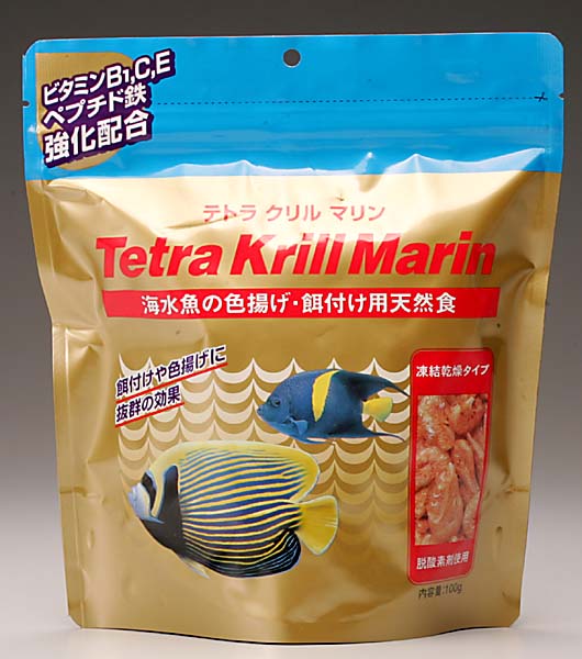 テトラ　クリル　マリン 海水魚用に作られた天然食＜br＞ 高品質な天然オキアミを凍結乾燥したフードです。＜br＞ タンパク質、脂質、天然アスタキサンチンが豊富で、＜br＞ 色揚げ、餌付けに最適。＜br＞ ペプチド鉄強化配合。鉄分が不足しがちな海水魚に効果的です。＜br＞ ビタミンB1、C、E強化配合により、海水魚に最適な栄養を供給します。＜br＞ 密封性の高いアルミパウチ。＜br＞ ＜br＞ 検索キーワード：海水魚　サンゴ