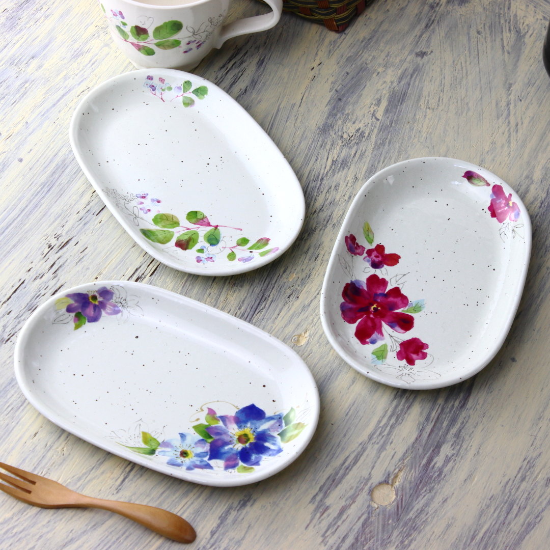 若葉花絵 楕円プレート 18.5cm 美濃取寄 日本製 美濃焼 小皿 中皿 和皿 丸皿 豆皿 漬物 醤油 取り皿 取り分け皿 定食皿 小付け プレート 白 だ円...