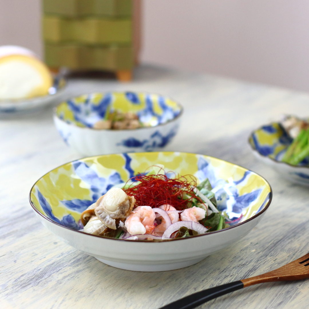 黄彩花紋 深鉢 21cm 日本製 美濃焼 六平68深皿 大皿 中皿 和皿 深皿 パスタプレート 深め ステーキ ロールキャベツ 炒めもの 刺し身皿 ワンプレート...