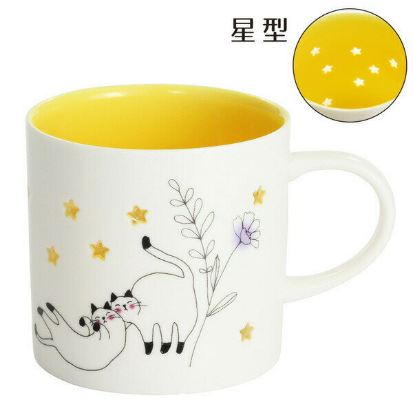 蛍彫りマグカップ　星とネコ【透かし彫り】