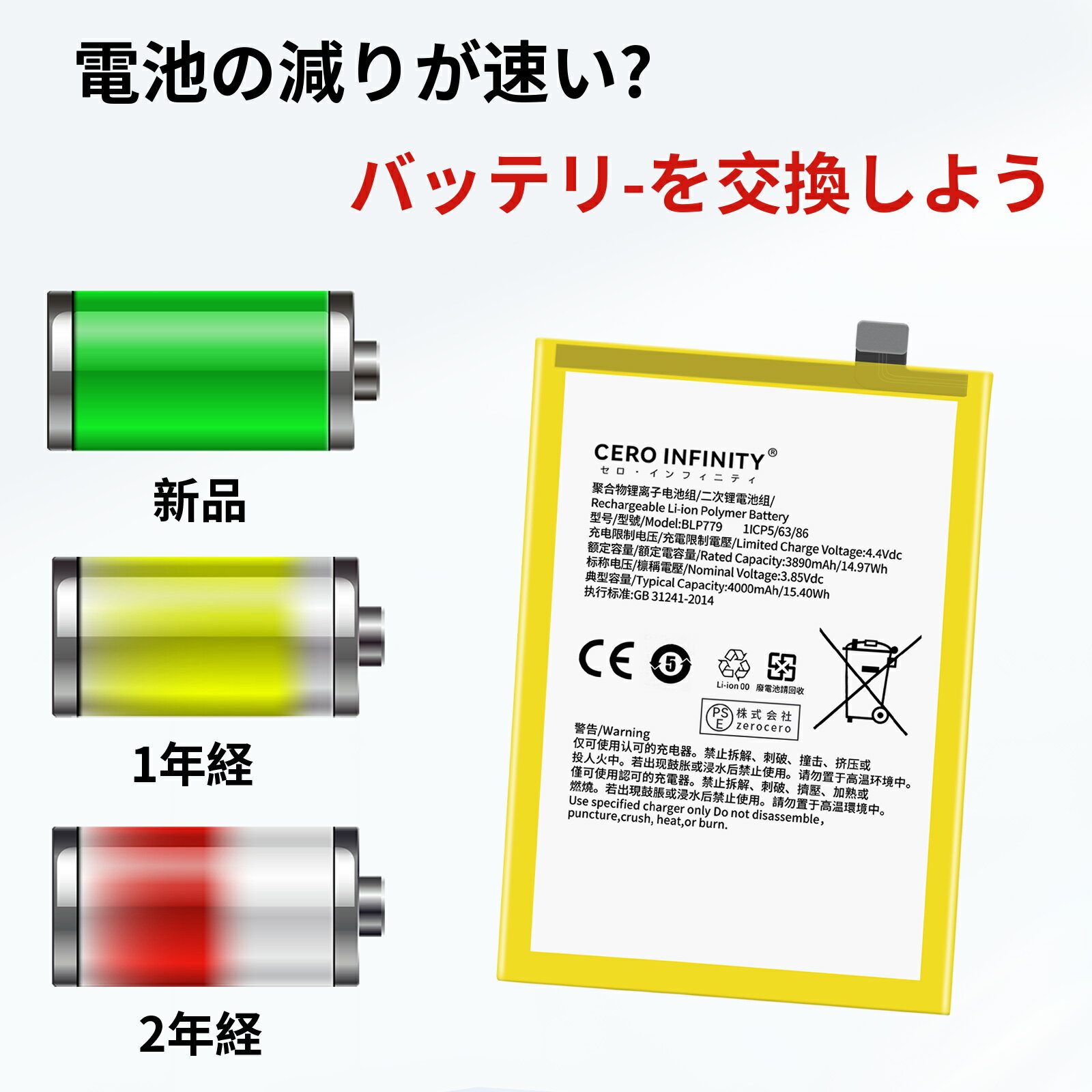 【425円OFFクーポン+P10倍】新品 OPPO Reno 4 Lite 互換バッテリー 【3890mAh 3.85V】 対応用 1年保証 高性能 PSE認証 互換バッテリパック YDU 2025DU-ZEJPAA