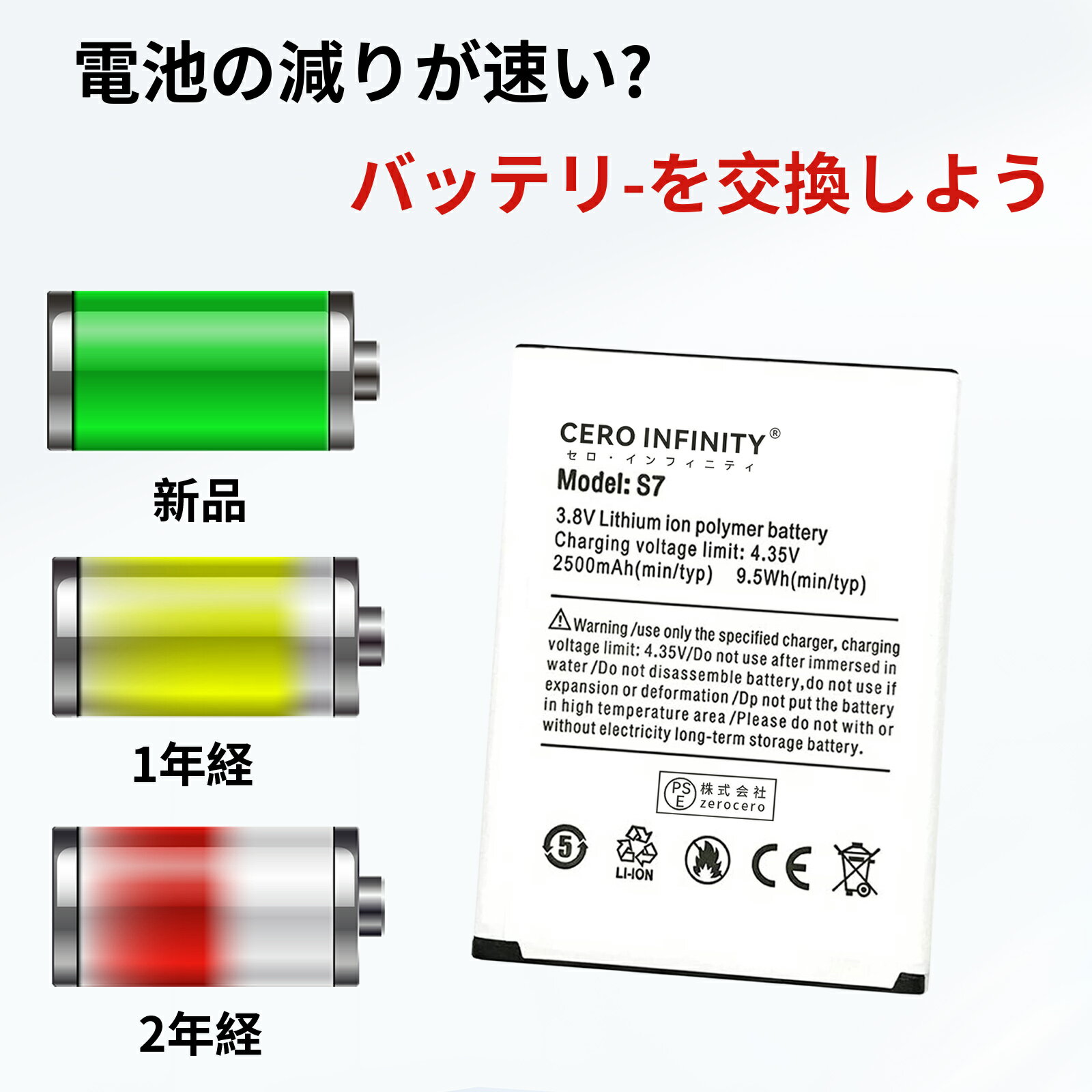 【500円OFFクーポン+P15倍】新品 Ulefone S7 5.0inch 互換バッテリー【2500mAh 3.8V】対応用 1年保証 高性能 PSE認証 互換バッテリパック YGC 2025GC-ZEJP