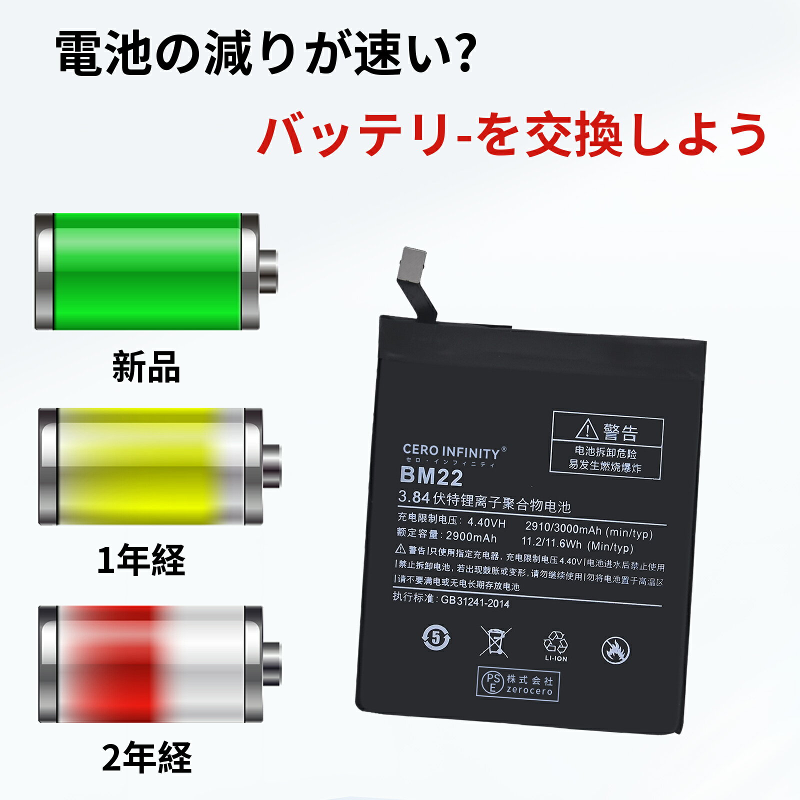 【期間限定 20倍】新品 XIAOMI 5 BM22 互換バッテリー【2900mAh 3.84V】対応用 1年保証 高性能 PSE認証 互換バッテリパック YGC 2025GC-ZEJP