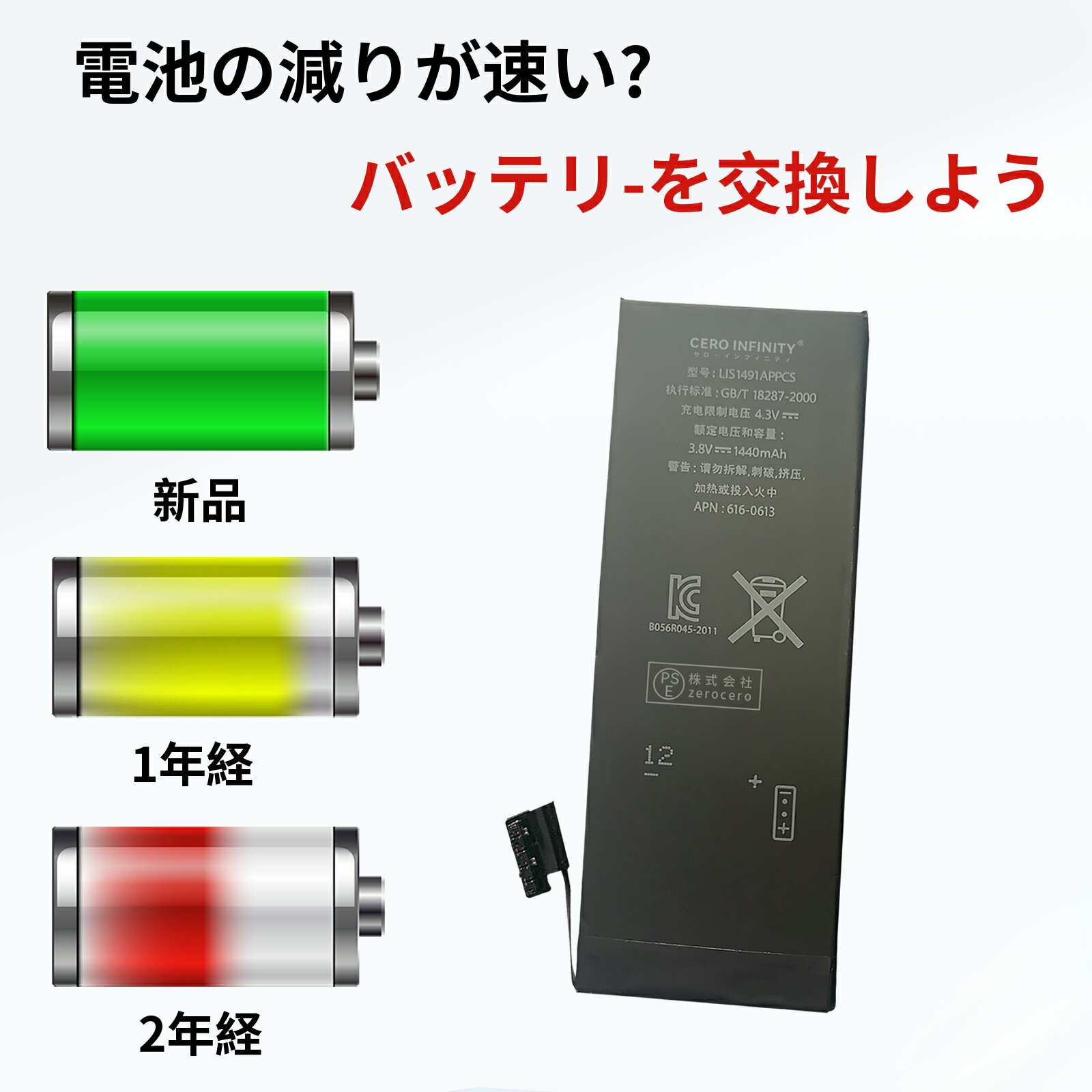 【期間限定 15倍ポイント】新品 IPHONE LIS1491APPCS 互換バッテリー【1440mAh 3.8V】対応用 1年保証 高性能 PSE認証 互換バッテリパック YHA 2025HA-ZEJP