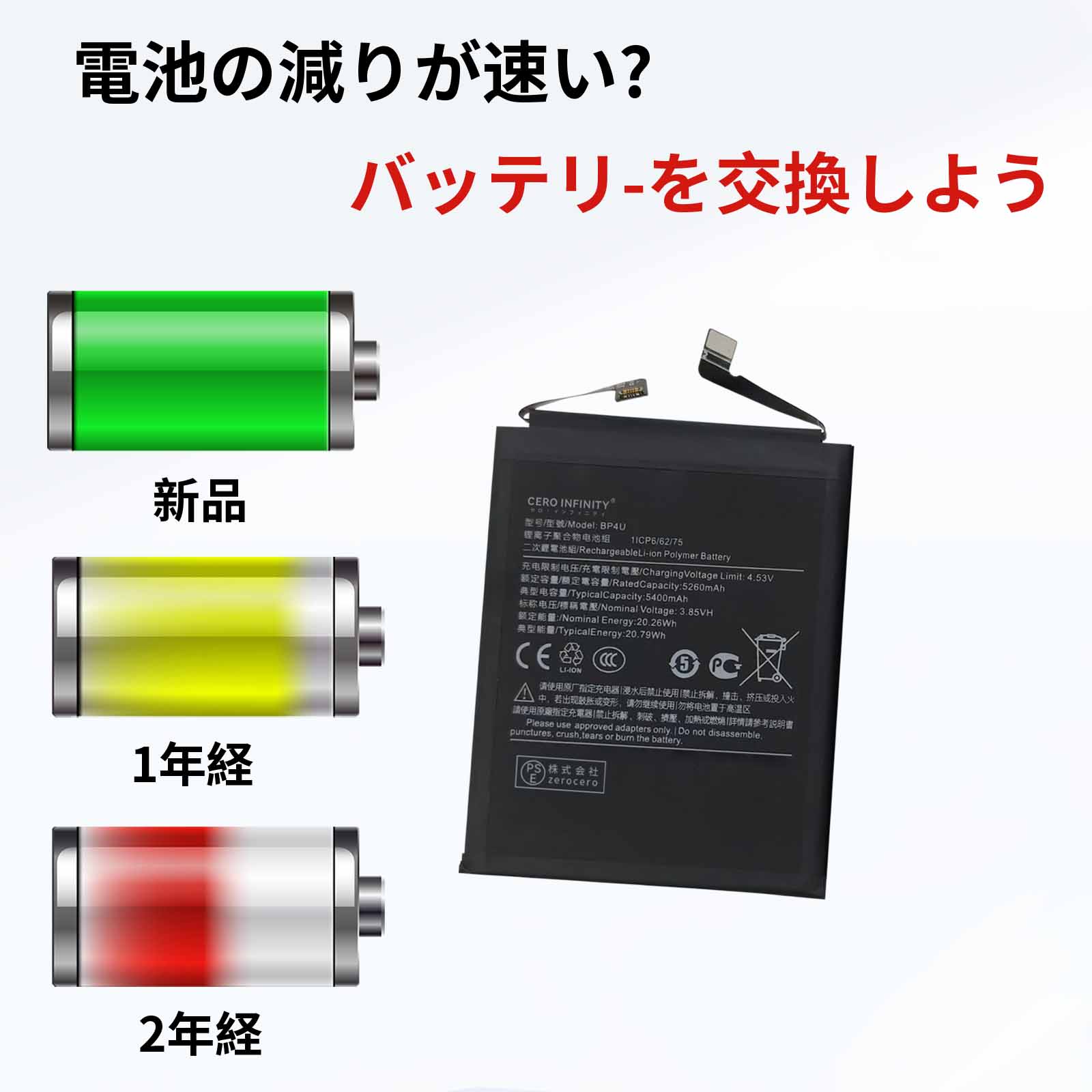 【P15倍&360円OFF】新品 XIAOMI BP4U 互換バッテリー【5260mAh 3.85V】対応用 1年保証 高性能 PSE認証 互換バッテリパック YGCA 2025GCA-ZEJP