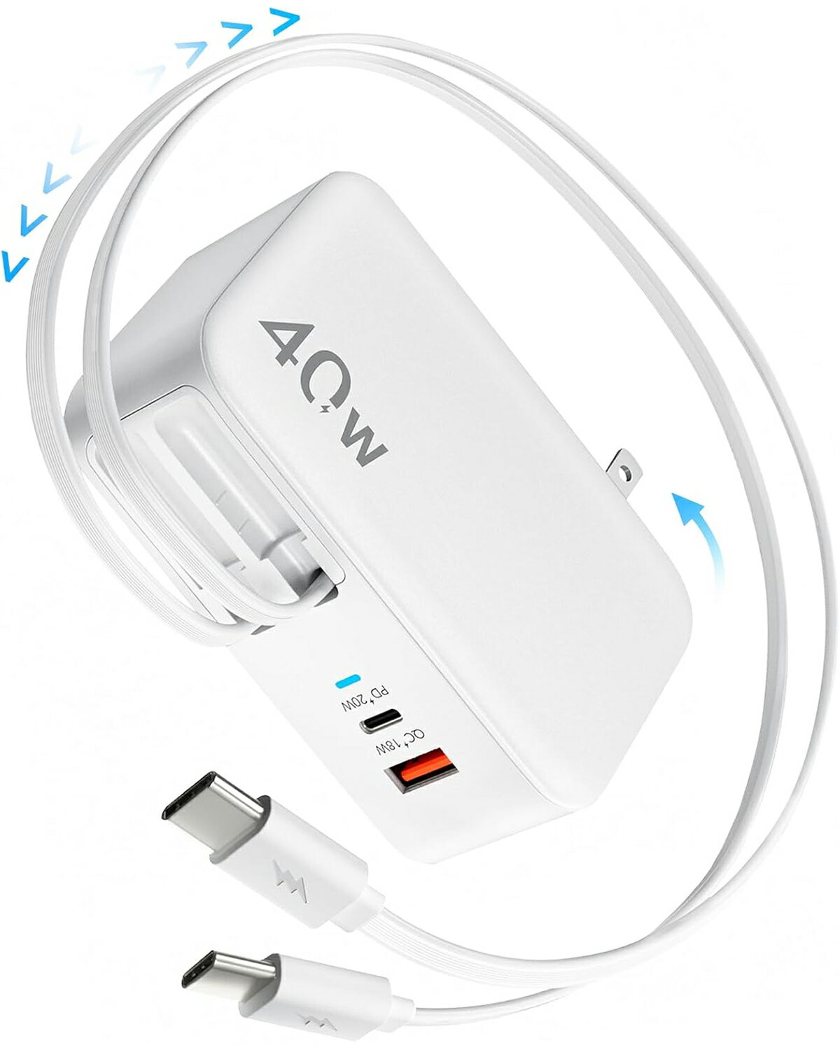 【期間限定 5倍】4in1巻き取り式 USB-C充電器 折りたたみ式プラグ デュアル35.5インチ/90cm Type Cケーブル付き 40W急速充電 コンパク...
