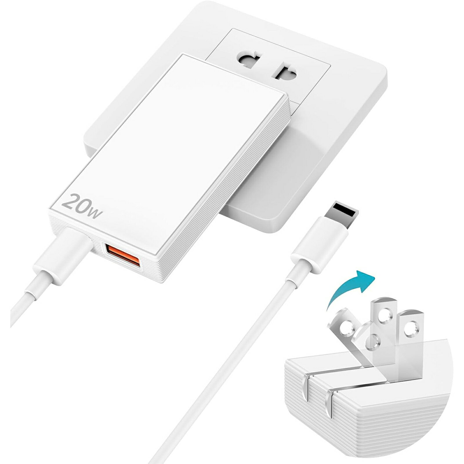 for iphone 充電器 20W 薄型 usb コンセント タイプ c 急速充電器 折りたたみ USB-C+USB-A 2ポート-1.8mケーブル付き 小型 PD充電器 タイプc （13mm超薄型) 同時充電 for iPhone 13 / 14 / 15 /16 Pro Max Andr0id Ga1axy Macbok Pro/Air Pad 出張 旅行 オフィス 新幹線(2.0)
