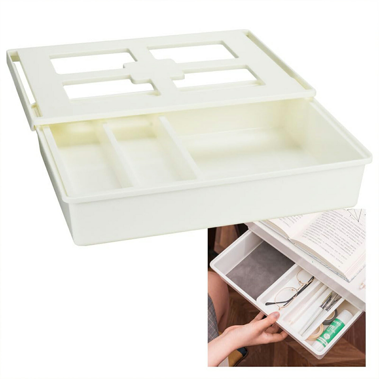 後付け引き出し デスク下 貼り付けタイプ スライド式上皿付き 台所 工具不要 (Lサイズ)