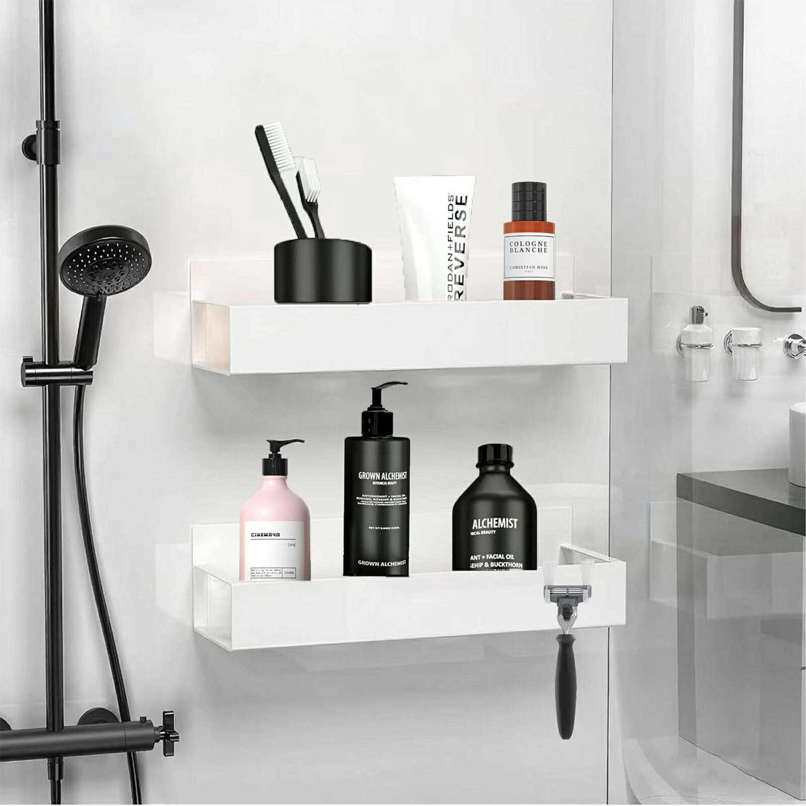 浴室用ラック マグネット お風呂 収納 強力磁石壁掛け 錆びにくい バスルーム バスケット シャンプー 風呂桶 マグネット/洗面所 水切り シャワー棚 洗濯機 キッチン収納 調味料ラック 2段式 フック8個付き (ホワイト, 29.5cm&27cmラック·マグネット) [並行輸入品]