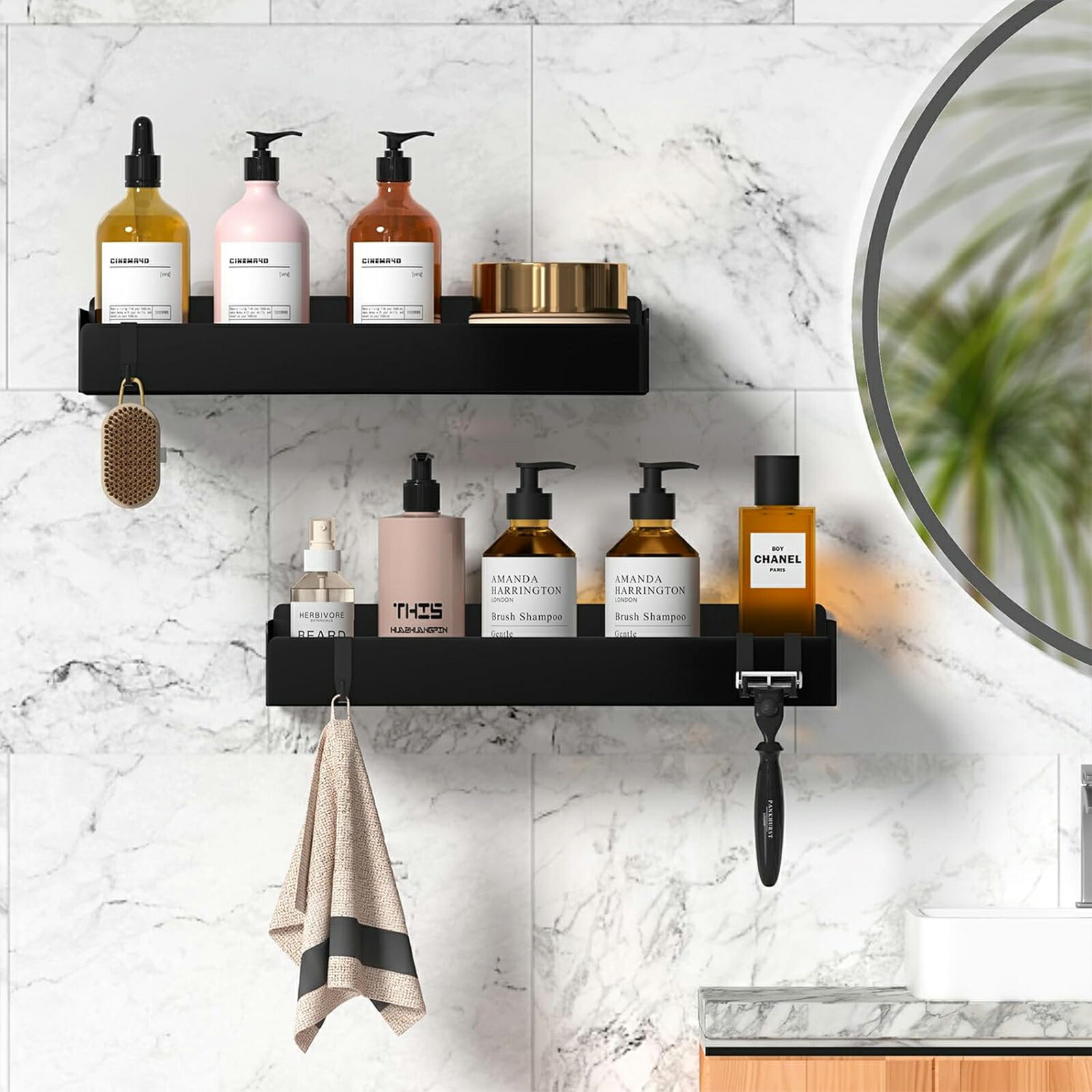 浴室用ラック マグネット お風呂 収納 強力磁石壁掛け 錆びにくい バスルーム バスケット シャンプー 風呂桶 マグネット/洗面所 水切り シャワー棚 洗濯機 キッチン収納 調味料ラック 2段式 フック8個付き (ブラック, 29.5cm&27cmラック·マグネット) [並行輸入品]