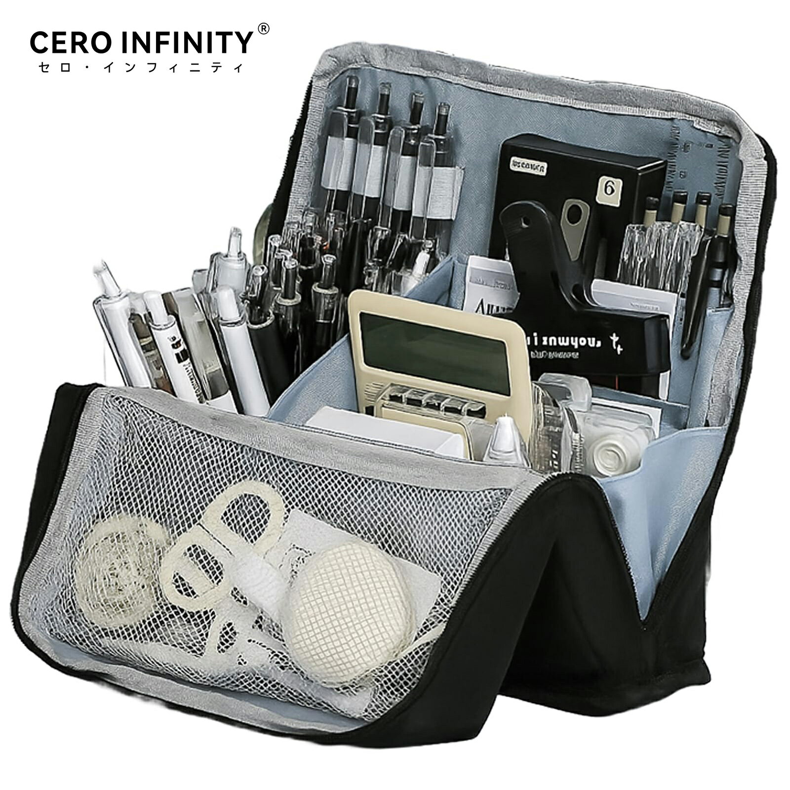 縦型ガジェットポーチ バッグインバッグ 省スペース 大容量 ファスナー式 非マグネット 8ポケット 収納ケース オックスフォード生地 ブラック ceroinfinity-10124112 CERO INFINITY パッケージ画像