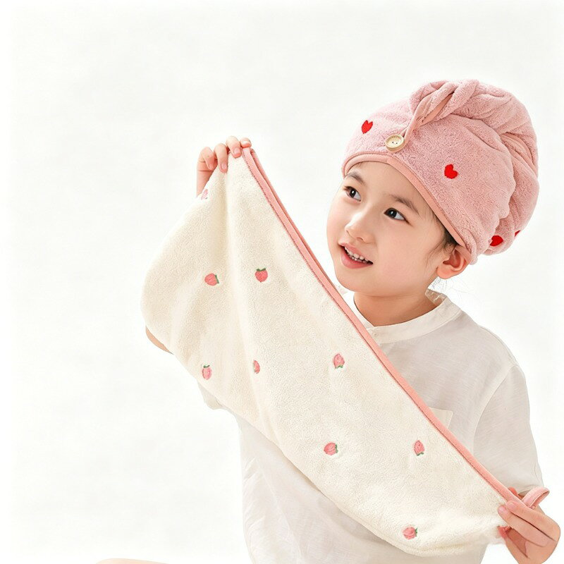 【品番】ヘアタオル（速乾ヘアキャップ）【サイズ（縦 × 横 cm）】52×23cm【推奨年齢】3‑10 歳【素材】マイクロファイバー（コーラルフリース）【留め具タイプ】ひも留め式
