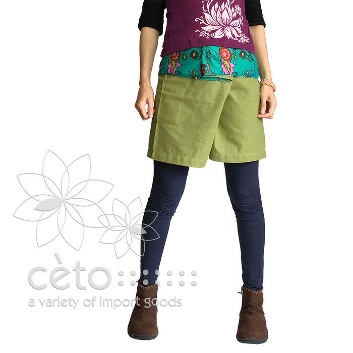 Cotton - タイパンツ シンプル折返しプリント ショート丈（オリーブグリーン2） エスニック アジアン フィッシャーマンパンツ