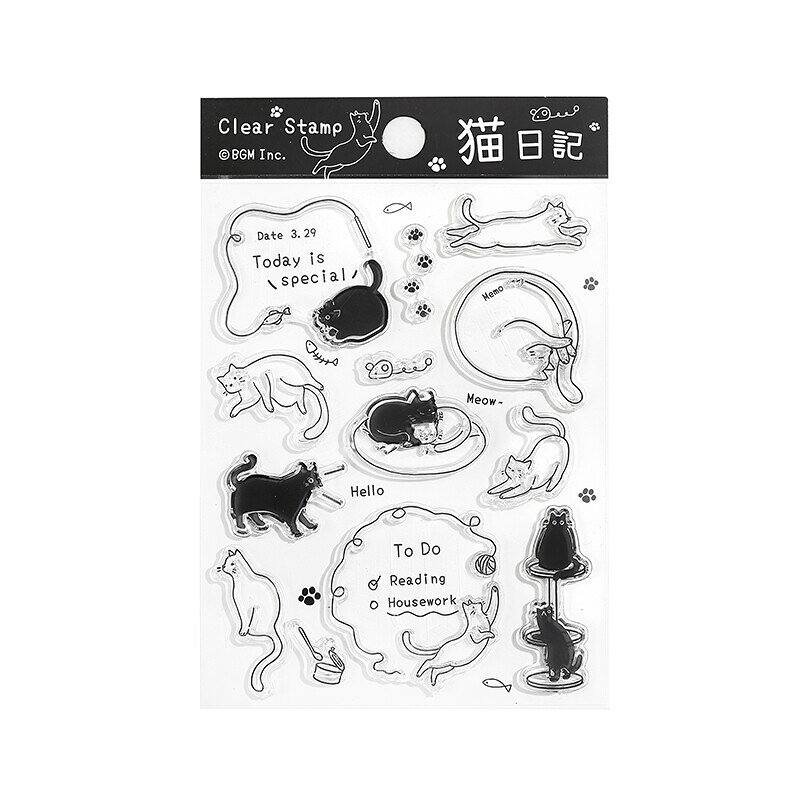 BGM クリアスタンプ ダイアリー・猫日記 （BT-CS067） 何度でも貼ってはがせるスタンプ ※複数商品購入の場合は、重複して表示させますが、重さ大きさなどを見て送料を修正いたします。※使用には別途、『アクリル台』　と　『スタンプパッド』が必要です。本体サイズ100×130mm台紙サイズ100×150mm 6