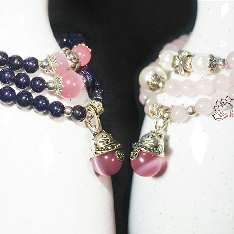 スーパーセール 送料無料 超ロング3連 招き猫 恋愛運を上昇ローズクォーツ ホワイトガラスパール 大粒 キャツアイ 天然石 パワーストーン ブレスレット レディ...