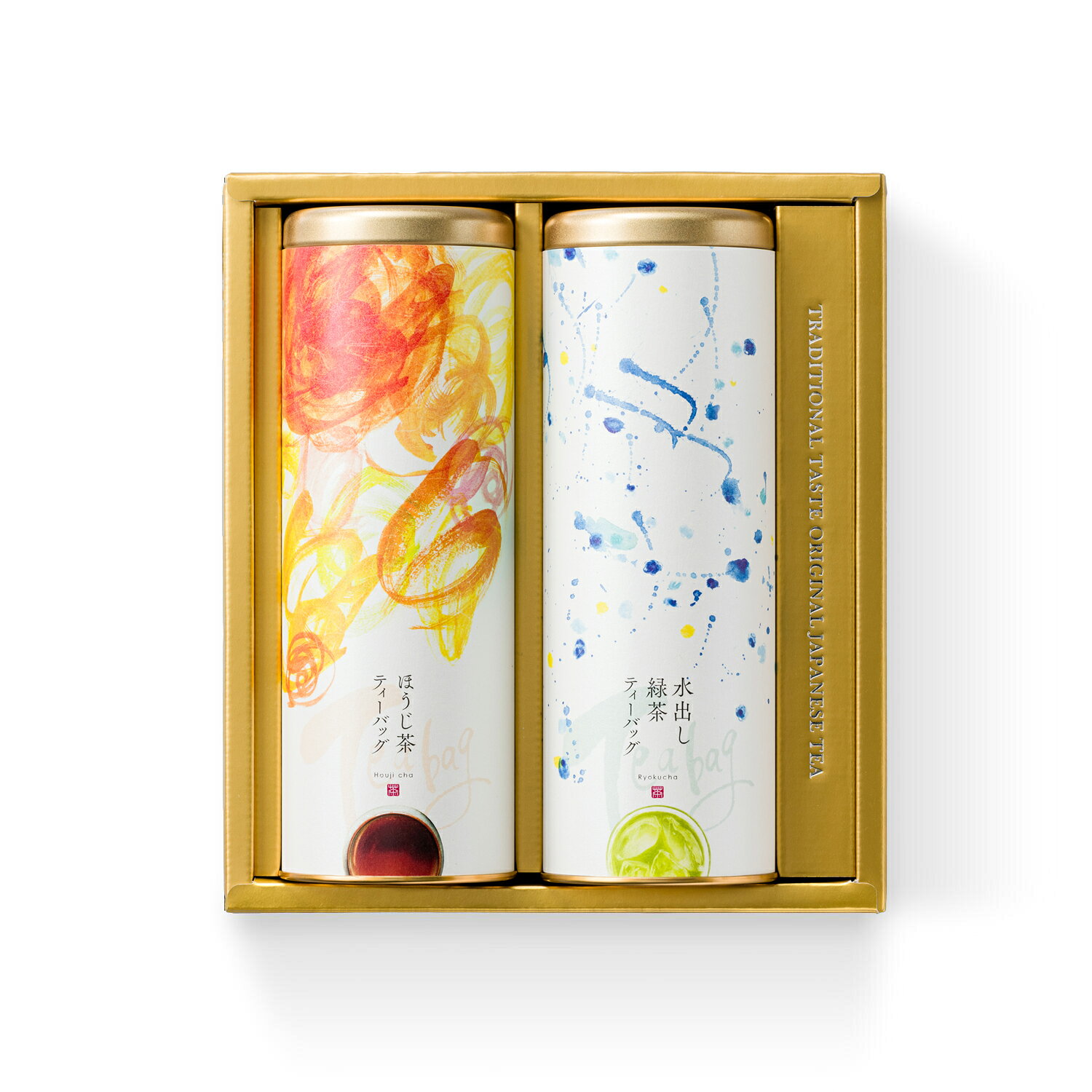 ギフト対応 水出し緑茶 & 茎焙じ茶のティーバッグギフトです。 かぶせ仕立てで育てられた、渋みが少なくまろやか口当たりの【水出し緑茶】と、 上級茎茶を浅く焙じた優しい味わい、スッキリとした甘みと上品な香りの【茎焙じ茶】 2種の異なる味わいを、上質なデザイン茶缶入りギフトセットに仕立てました。 豪華で美しいゴールドのギフト箱入り。 創業100年の老舗より、確かな日本茶をお届けいたします。 〇水出し緑茶ティーバッグ 茶畑に覆いを被せ日光を遮る「かぶせ仕立て」で栽培された茶葉を使用。 透明感ある爽やかな香りとすっきりした甘みとまろやかな風味です。 水1Lに2～3個を入れるだけで鮮やかな緑色の水出し煎茶が出来上がりです。 〇茎焙じ茶ティーバッグ まろやかで優しい味わい。甘みが強く上品な香りが特徴の焙じ茶です。 水1Lに2～3個を入れ、冷蔵庫で一晩水出しすれば、芳しい琥珀色の水出し焙じ茶になります。 もちろんHOTでもお楽しみいただけます。 一箱で2種類の茶葉が楽しめる、「ティーバッグギフト」大切な方へ感謝の気持ちを込めてお届けします。 ギフトBOXサイズ：幅19cm×縦22cm×高さ8cm 名　称 高級ティーバッグギフト 原材料 緑茶（国産） 内容量 水出し緑茶ティーバッグ4g×20P茎焙じ茶ティーバッグ 3g×15P 賞味期限 12ヶ月 保存方法 高温・多湿を避け、移り香に注意して保管してください。 製造者 株式会社茶通亭静岡県沼津市大諏訪555