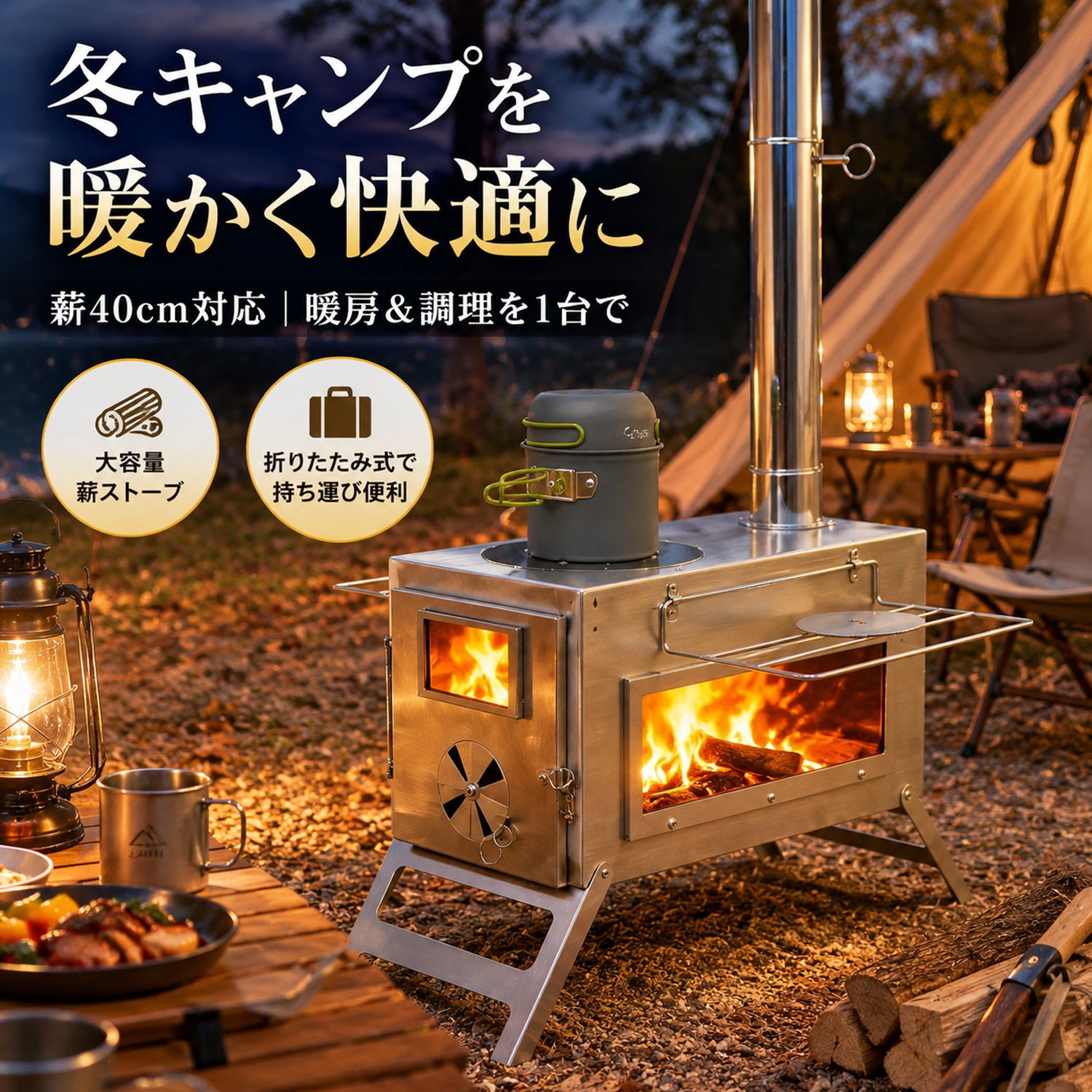 家族のキャンプに、暖かさと美味しい笑顔を。 初心者でも安心・簡単。多機能コンパクト薪ストーブ 「冬のキャンプは寒さが心配…」 「薪ストーブに憧れるけど、重くて扱いが難しそう…」 そんなお悩みを解決するのが、この多機能薪ストーブです。 揺らぐ炎に癒やされながら、温かい料理を囲む。そんなワンランク上のファミリーキャンプを、もっと手軽に、もっと安全に実現します。 商品の魅力・特徴 ■ 炎のゆらめきに癒やされる「2面パノラマガラス窓」 側面（27×9cm）と正面（10×6cm）に耐熱ガラス窓を配置。安全に燃焼状態を確認できるだけでなく、テント内にいながら美しい炎のゆらめきを存分に楽しめます。家族で火を囲む、心温まるリラックスタイムを演出します。 ■ 料理の幅が広がる「多機能モバイルキッチン」 ただ暖めるだけではありません。広々とした天板は、お湯を沸かすのはもちろん、フライパンでの炒め物や、コトコト煮込み料理にも大活躍。これ一台で、キャンプの食卓がさらに豊かに、楽しくなります。 ■ 女性でも扱いやすい「約9.5kgの軽量＆一体型収納」 本体は丈夫で錆びにくい430ステンレス鋼を採用しながら、約9.5kgという軽量化を実現。脚部は工具不要でサッと広げるだけのワンタッチ設計です。使用後は煙突などの付属品をすべて本体内部にすっきり収納。両サイドの便利な折りたたみ式物置きネットは、持ち運び時のハンドルにもなり、車への積み込みもラクラクです。 ■ 初心者でも安心の「スマート火加減コントロール」 火の扱いが不安な方でも大丈夫。下部の煙突には空気量を調整できるダンパー（風門）が付いており、火力のコントロールが簡単です。さらに、一番上の煙突には火の粉の飛散を防ぐ「スパークアレスター（火花防止メッシュ）」を標準装備。テントや周囲の自然を火の粉から守ります。 ■ 強風でも倒れにくい「3点安定システム」 付属のペグとロープを使って煙突を3方向からしっかり固定。風の強い日でも煙突が倒れる心配が少なく、安全にお使いいただけます。 ■ 自然の恵みをそのまま燃料に 重いガス缶を持ち運ぶ必要はありません。キャンプ場に落ちている枯れ枝や松ぼっくり、市販の薪（奥行き45cmの広々炉内で長い薪もOK）がそのまま燃料に。自然と一体になる本格的なアウトドア体験を手軽に味わえます。 【安全に長くお使いいただくために（必ずお読みください）】 ご使用後は、本体と灰が完全に自然冷却するまでお待ちください（推奨：6〜8時間）。 片付けの際は、灰に水をかけてかき混ぜ、完全に熱がないことを確認してから金属製の容器等に処理してください。 【重要】本体が高温の状態で移動させたり、直接水をかけて急冷したりすることは、変形や破損、火傷の原因となりますので絶対におやめください。 製品仕様・セット内容 本体材質：430ステンレス鋼 重量：約9.5kg 本体外寸（展開時）：幅45cm × 奥行き24cm × 高さ24cm ＜充実のセット内容＞ 薪ストーブ本体 × 1 ダンパー付きボトム煙突（φ6cm×長さ30cm） × 1 ジョイント煙突 × 5 火花防止トップ煙突 × 1 灰かき棒 × 1 火格子（ロストル） × 1 固定・連結パーツ一式 メーカー希望小売価格はメーカーサイトに基づいて掲載していますメーカー希望小売価格はメーカーサイトに基づいて掲載しています炎を眺めて、料理を楽しむ。 少し肌寒い日のキャンプ。 薪火を眺めながら、温かい料理を味わう。 そんな、ゆったりとした時間を楽しみませんか。 アウトドアのひとときに、暖かさと楽しみを添える、 ステンレス製 折りたたみ薪ストーブ。 長さ約40cmまでの薪に対応。 正面と側面のガラス窓から、 ゆらめく炎を楽しめます。 取り外し式の天板で、 開口部を約11cm・約22cmに切り替え可能。 湯沸かしやフライパン調理など、 キャンプごはんの楽しみが広がります。 左右のサイドラックで、調理道具もすぐ手元に。 使用後は、本体が完全に冷めてから折りたたみ、 煙突などの付属品を炉内にまとめて収納できます。 暖も、料理も。 薪火で広がる、キャンプの楽しみ。 ＼ 薪火で、キャンプをもっと楽しく ／ 当店のおすすめポイント 01｜長さ約40cmまでの薪に対応奥行きのある炉内で、長さ約40cmまでの薪に対応。高さ約3.5cmのロストルを備え、薪の下に通気スペースを確保しています。 02｜約11cm・約22cmの開口切り替え中央のフタと外側のリング状のフタを取り外して、開口サイズを切り替えられます。湯沸かしやフライパン調理など、料理に合わせて使い分けできます。 03｜正面・側面のガラス窓で炎を楽しむ側面約27×9cm、正面約10×6cmの耐熱ガラス窓を搭載。炉内の燃焼状態を確認しながら、ゆらめく炎を眺めてくつろげます。 04｜広げて棚に、たたんで持ち手に左右に片側約25×16cmのサイドラックを備え、調理道具や小さなトレーを手元に置けます。折りたたむと持ち手として使え、完全に冷めた後の持ち運びにも便利です。 05｜吸気口と煙突ダンパーで燃焼を調節炉体の吸気口で空気の取り込みを、煙突ダンパーで排気の流れを調節。薪の燃焼状態を見ながら、火力を調節できます。 06｜折りたたみ脚＆炉内にまとめて収納ステンレス製の炉体に、工具を使わず開閉できる折りたたみ脚を採用。本体と灰が完全に冷めてから清掃し、分割式の煙突などの付属品を炉内にまとめて収納できます。 ＼ こんな方におすすめです！ ／薪火のぬくもりと料理を、キャンプの楽しみに。 ◎　ゆらめく炎を眺めながら、ゆったりとした時間を楽しみたい ◎　長さ約40cmまでの薪を、短く切り分けずに使いたい ◎　暖をとりながら、湯沸かしや料理も楽しみたい ◎　調理道具を手元に置いて、スムーズに作業したい ◎　薪の燃え方を確認しながら、火力を調節したい ◎　片づけるときは脚を折りたたみ、付属品をまとめて収納したい ご購入前にご確認ください Q．どのくらいの長さの薪が使えますか？A．長さ約40cmまでの薪に対応しています。太さや形状によって入れやすさが異なるため、無理に詰め込まず、扉が確実に閉まる量でご使用ください。 Q．湯沸かしや料理にも使えますか？A．湯沸かしやフライパン調理にお使いいただけます。天板のフタを外す場合は、開口部に対して鍋底の大きさや形状を確認し、安定して置ける調理器具をご使用ください。焼き網は付属していません。 Q．屋内やテント内で使用できますか？A．換気のよい屋外でご使用ください。屋内・テント内・車内など、換気が不十分になる場所では使用しないでください。一酸化炭素中毒のおそれがあります。 Q．風が強い日でも使用できますか？A．強風時は使用しないでください。ロープやペグは煙突の揺れを抑えるための補助具です。固定していても、強風下で使用できるものではありません。 Q．使用後、すぐに片づけられますか？A．本体・煙突・灰が自然に完全に冷めたことを確認してから、清掃・移動・収納してください。高温の本体に水をかけて急冷しないでください。灰の処理は取扱説明書と施設のルールに従ってください。 炎を眺めて、料理を楽しむ。薪火とともに、くつろぎのキャンプ時間を。