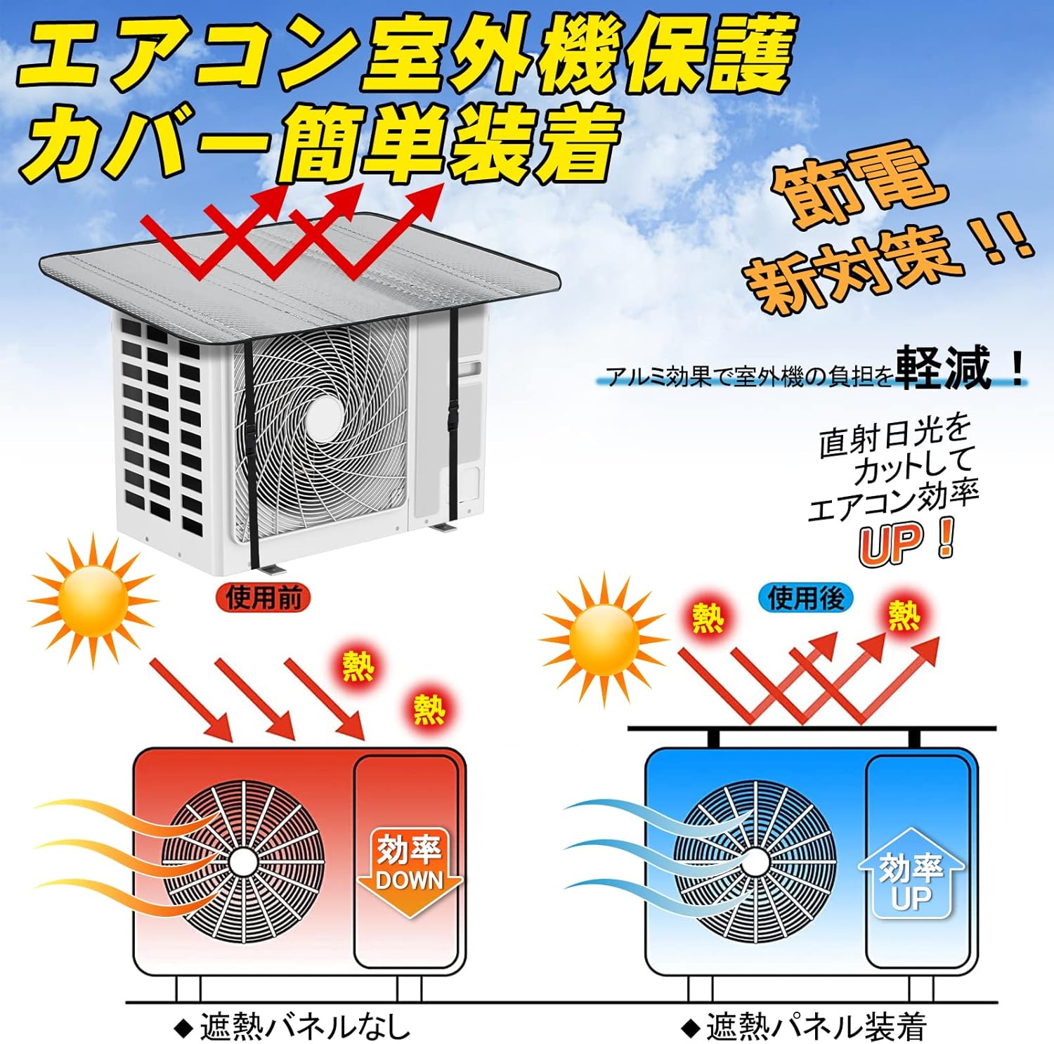 茶々の旅風楽天市場店の【お盆休み応援 | 3倍P&最大15%OFF】 彡DEWEL 室外機カバー ベルト室外機パネル アコン室外機 エアコン室外機カバー 日よけパネル アルミフィルム 日よけ 日除け 遮熱保護 遮熱パネル 遮熱シート 暖房 室外機 パネル 直射日光 暑さ対策 劣化防止 省エネ 節電 固定ベルト｜アングル2